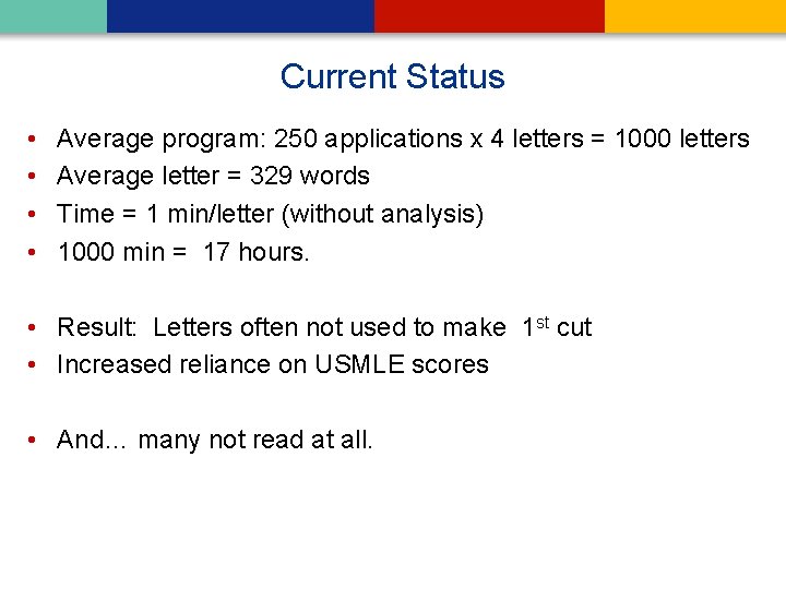 Current Status • • Average program: 250 applications x 4 letters = 1000 letters