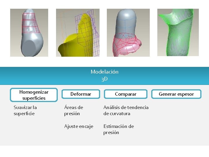 Modelación 3 D Homogenizar superficies Suavizar la superficie Deformar Comparar Áreas de presión Análisis