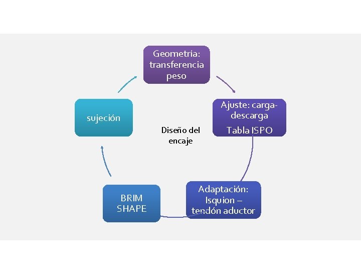 Geometría: transferencia peso sujeción Diseño del encaje BRIM SHAPE Ajuste: cargadescarga Tabla ISPO Adaptación: