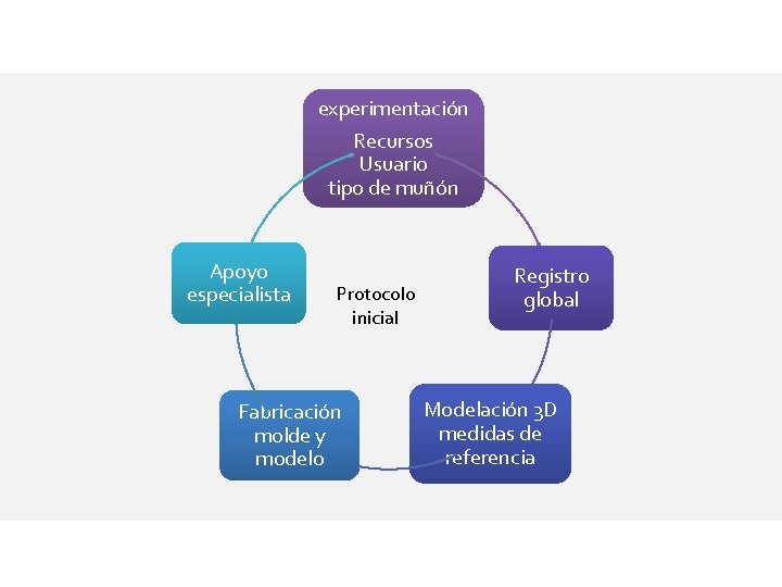 experimentación Recursos Usuario tipo de muñón Apoyo especialista Protocolo inicial Fabricación molde y modelo