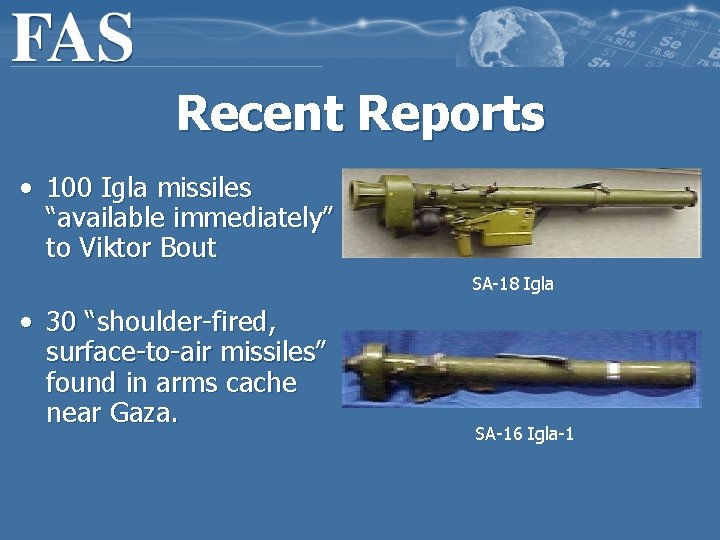 Recent Reports • 100 Igla missiles “available immediately” to Viktor Bout SA-18 Igla •