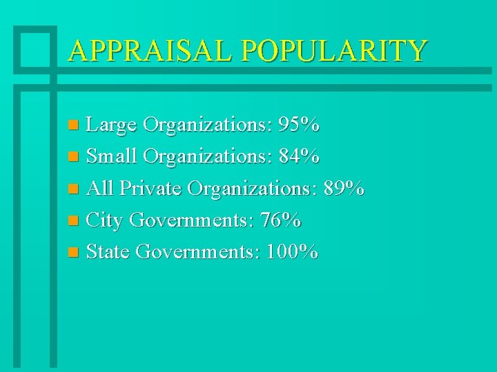 APPRAISAL POPULARITY Large Organizations: 95% n Small Organizations: 84% n All Private Organizations: 89%