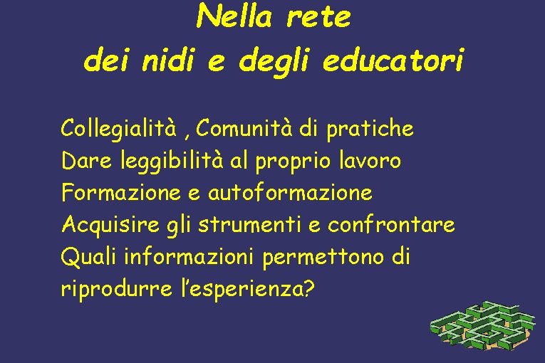 Nella rete dei nidi e degli educatori Collegialità , Comunità di pratiche Dare leggibilità
