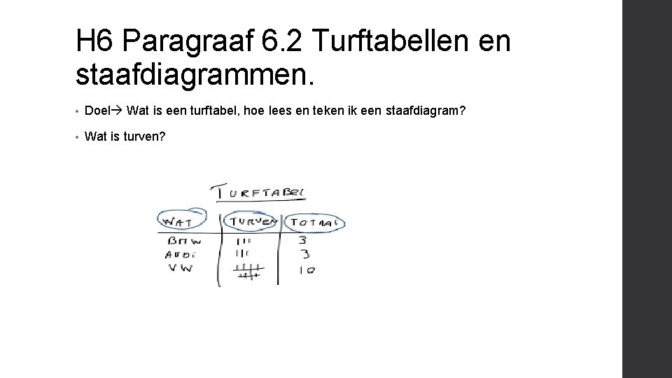 H 6 Paragraaf 6. 2 Turftabellen en staafdiagrammen. • Doel Wat is een turftabel,