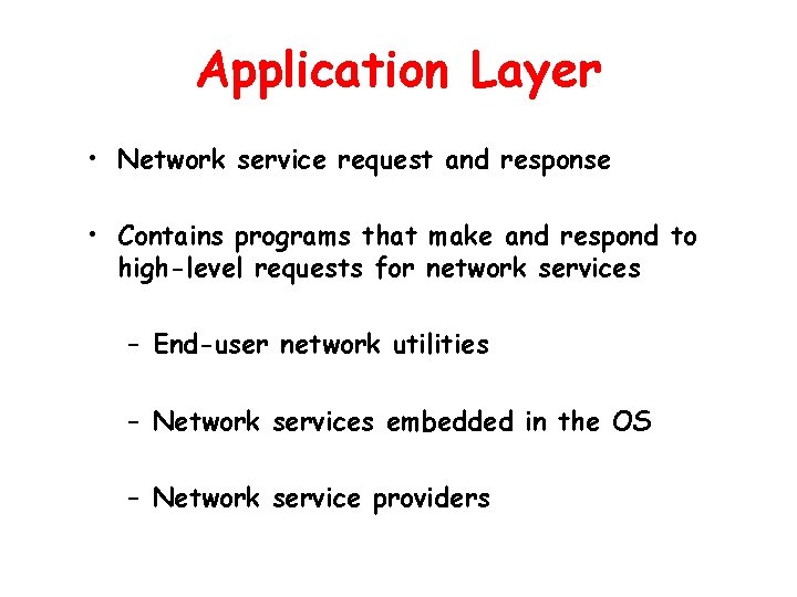 Application Layer • Network service request and response • Contains programs that make and