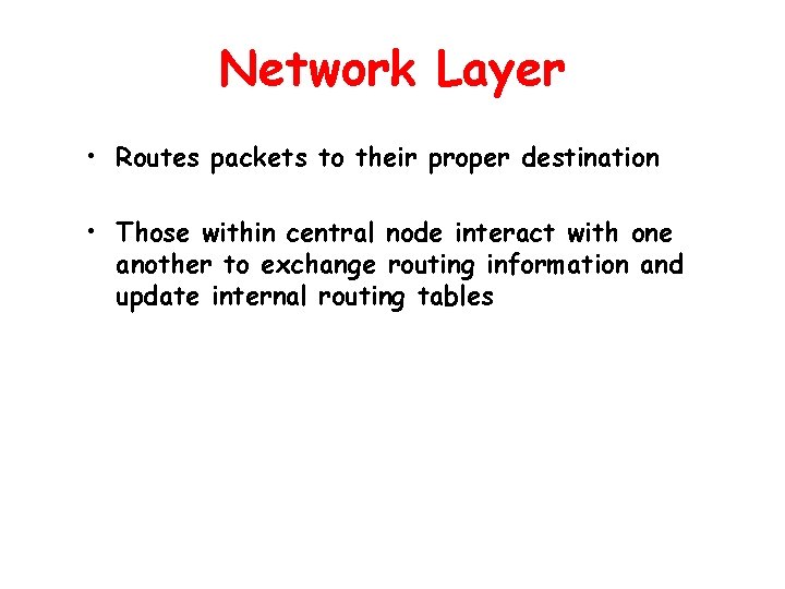 Network Layer • Routes packets to their proper destination • Those within central node