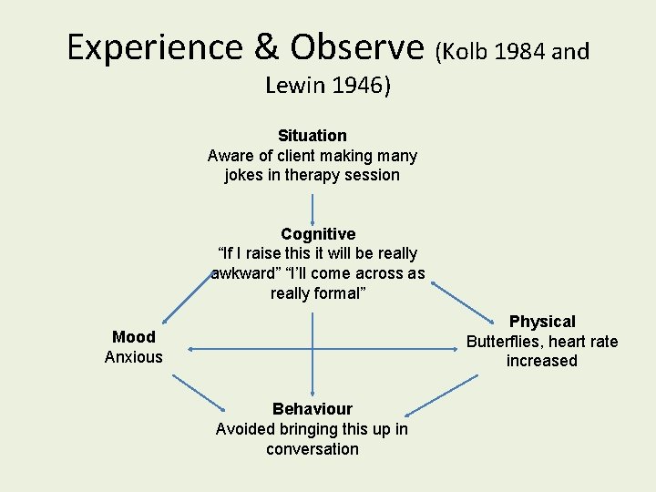 Experience & Observe (Kolb 1984 and Lewin 1946) Situation Aware of client making many