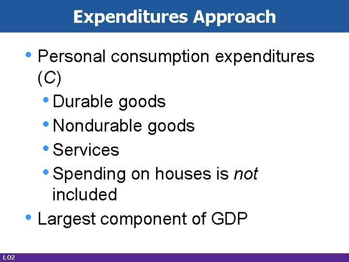 Expenditures Approach • Personal consumption expenditures • LO 2 (C) • Durable goods •