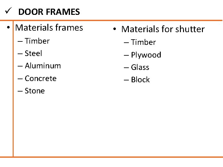 ü DOOR FRAMES • Materials frames – Timber – Steel – Aluminum – Concrete