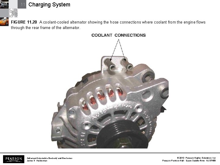 11 Charging System FIGURE 11. 20 A coolant-cooled alternator showing the hose connections where