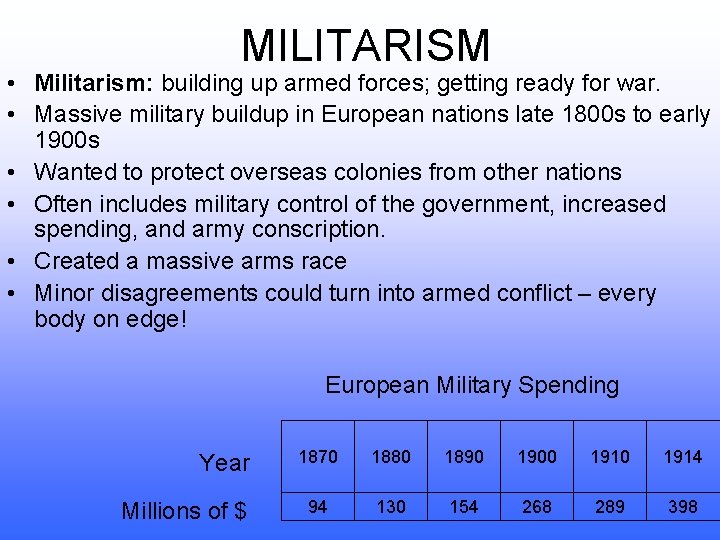 MILITARISM • Militarism: building up armed forces; getting ready for war. • Massive military