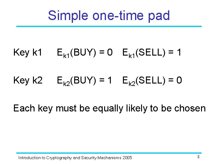 Simple one-time pad Key k 1 Ek 1(BUY) = 0 Ek 1(SELL) = 1 Simple one-time pad Key k 1 Ek 1(BUY) = 0 Ek 1(SELL) = 1