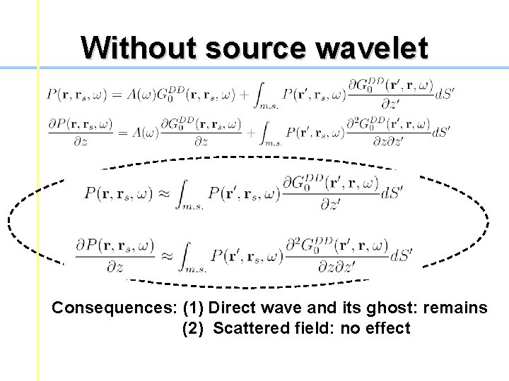 Without source wavelet Consequences: (1) Direct wave and its ghost: remains (2) Scattered field: Without source wavelet Consequences: (1) Direct wave and its ghost: remains (2) Scattered field: