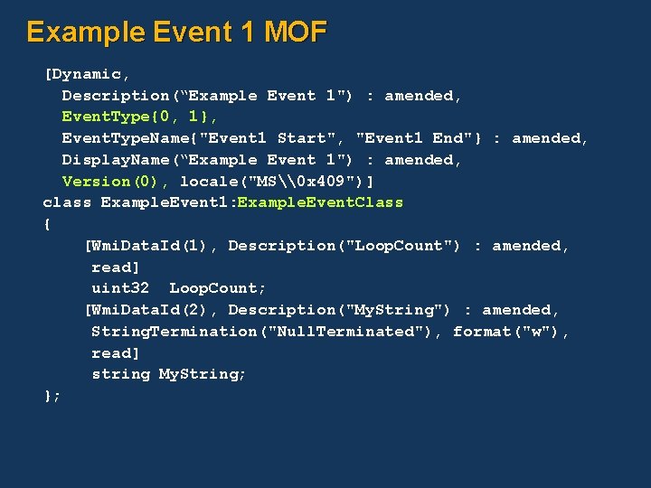 Example Event 1 MOF [Dynamic, Description(“Example Event 1") : amended, Event. Type{0, 1}, Event.