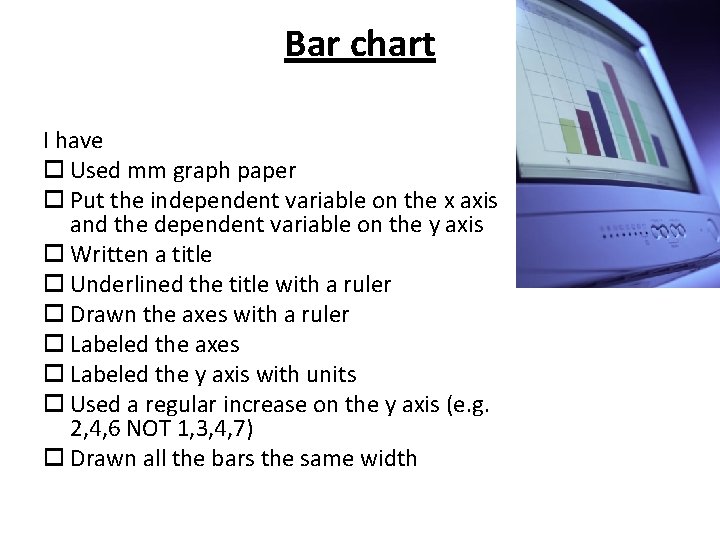 Bar chart I have Used mm graph paper Put the independent variable on the