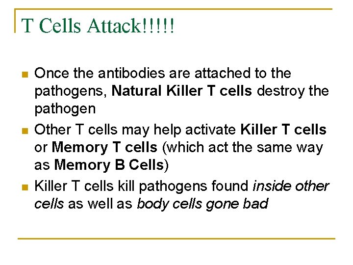 T Cells Attack!!!!! n n n Once the antibodies are attached to the pathogens,
