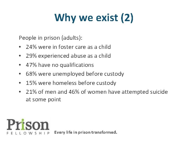 Why we exist (2) People in prison (adults): • 24% were in foster care