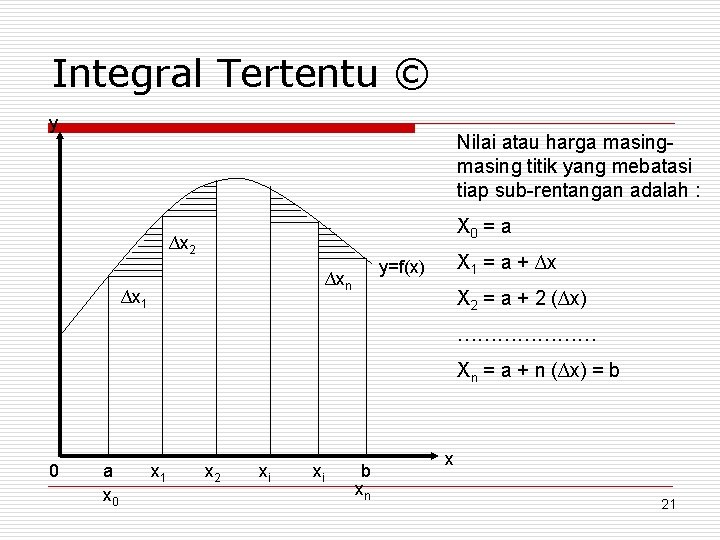 Integral Tertentu © y Nilai atau harga masing titik yang mebatasi tiap sub-rentangan adalah