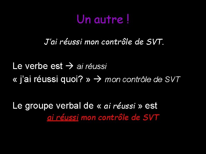 Un autre ! J’ai réussi mon contrôle de SVT. Le verbe est ai réussi