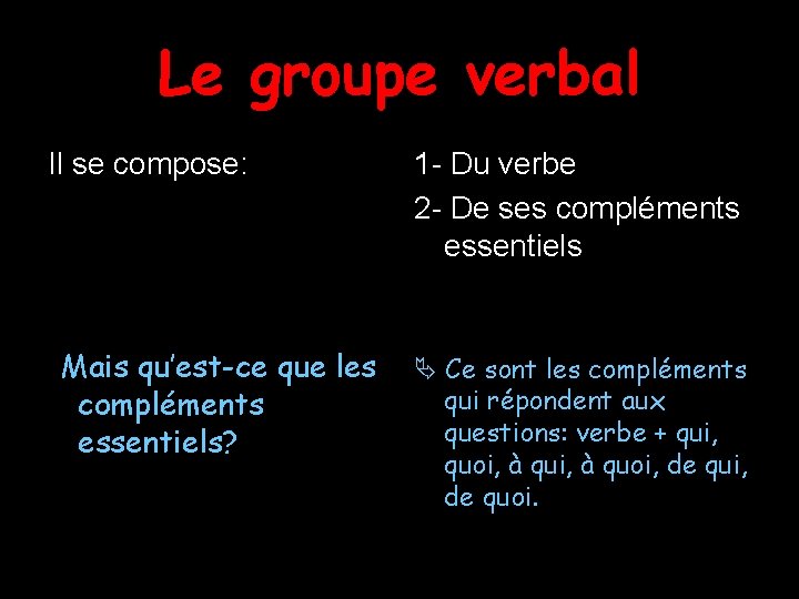 Le groupe verbal Il se compose: Mais qu’est-ce que les compléments essentiels? 1 -