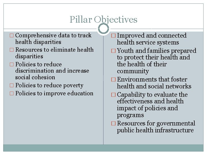 Pillar Objectives � Comprehensive data to track health disparities � Resources to eliminate health