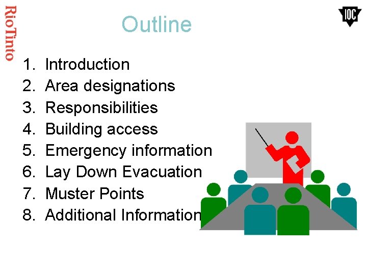 Outline 1. 2. 3. 4. 5. 6. 7. 8. Introduction Area designations Responsibilities Building