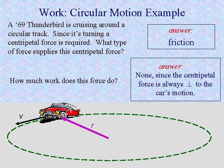 Work: Circular Motion Example A ‘ 69 Thunderbird is cruising around a circular track.