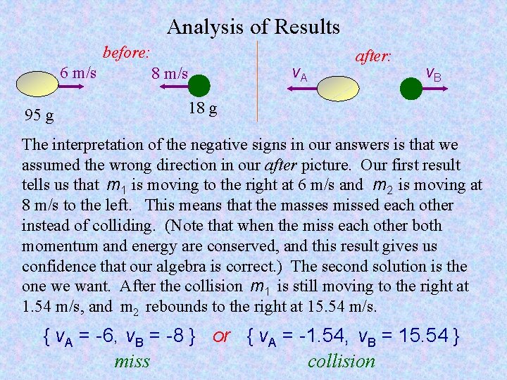 Analysis of Results before: 6 m/s 95 g 8 m/s v. A after: v.