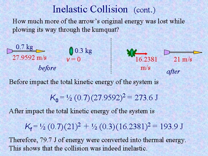 Inelastic Collision (cont. ) How much more of the arrow’s original energy was lost