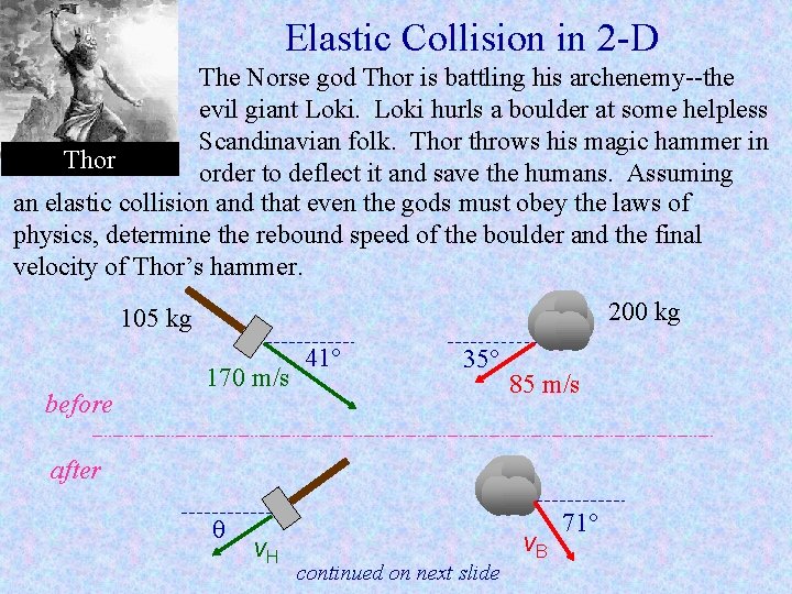 Elastic Collision in 2 -D The Norse god Thor is battling his archenemy--the evil