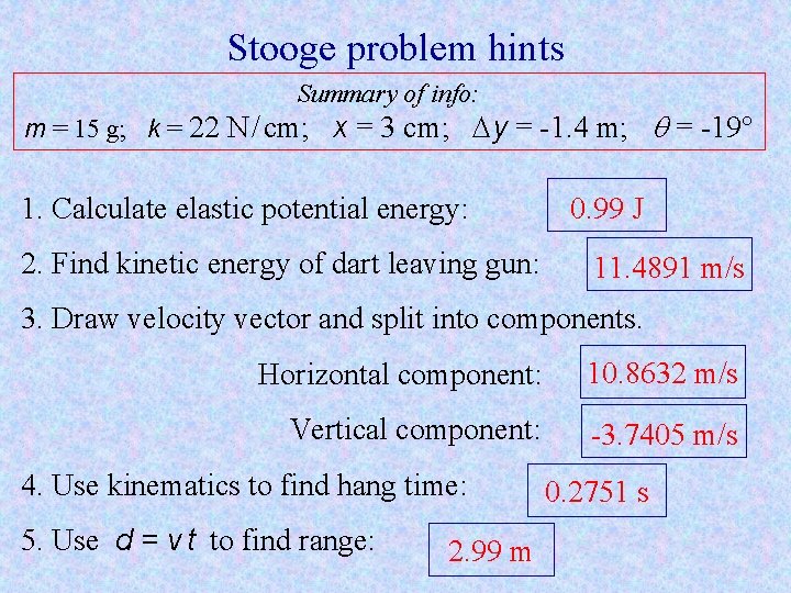 Stooge problem hints Summary of info: m = 15 g; k = 22 N