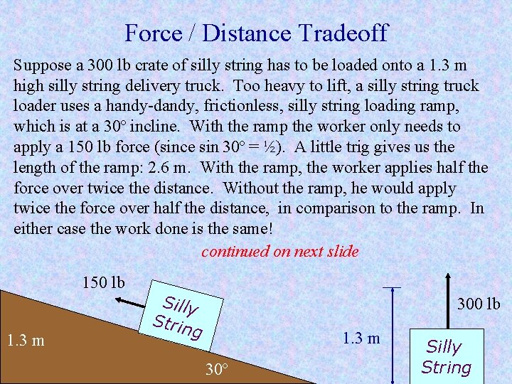 Force / Distance Tradeoff Suppose a 300 lb crate of silly string has to