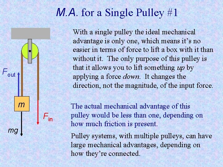 M. A. for a Single Pulley #1 With a single pulley the ideal mechanical