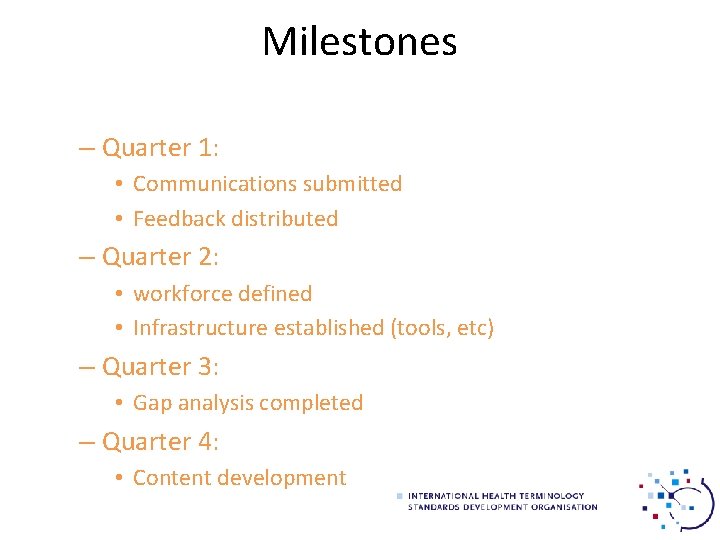 Milestones – Quarter 1: • Communications submitted • Feedback distributed – Quarter 2: •