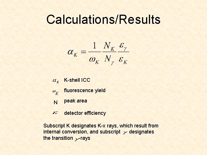 Calculations/Results K-shell ICC fluorescence yield N peak area detector efficiency Subscript K designates K-x