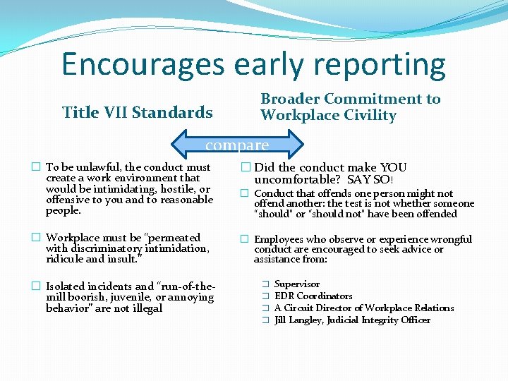 Encourages early reporting Title VII Standards Broader Commitment to Workplace Civility compare � To