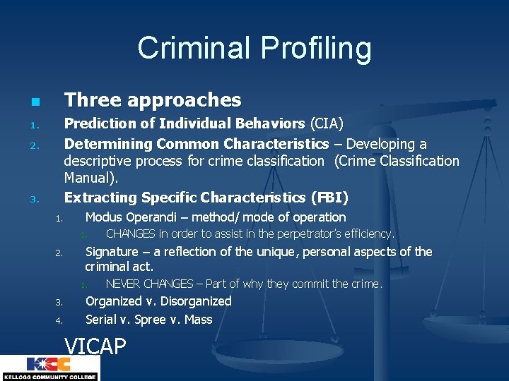 Criminal Profiling Three approaches n Prediction of Individual Behaviors (CIA) Determining Common Characteristics –