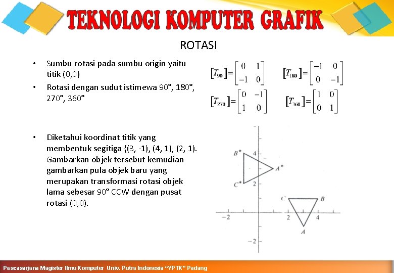 ROTASI • • • Sumbu rotasi pada sumbu origin yaitu titik (0, 0) Rotasi