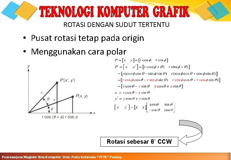 ROTASI DENGAN SUDUT TERTENTU • Pusat rotasi tetap pada origin • Menggunakan cara polar