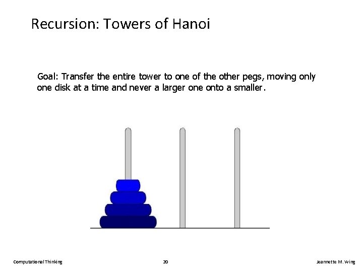 Recursion: Towers of Hanoi Goal: Transfer the entire tower to one of the other