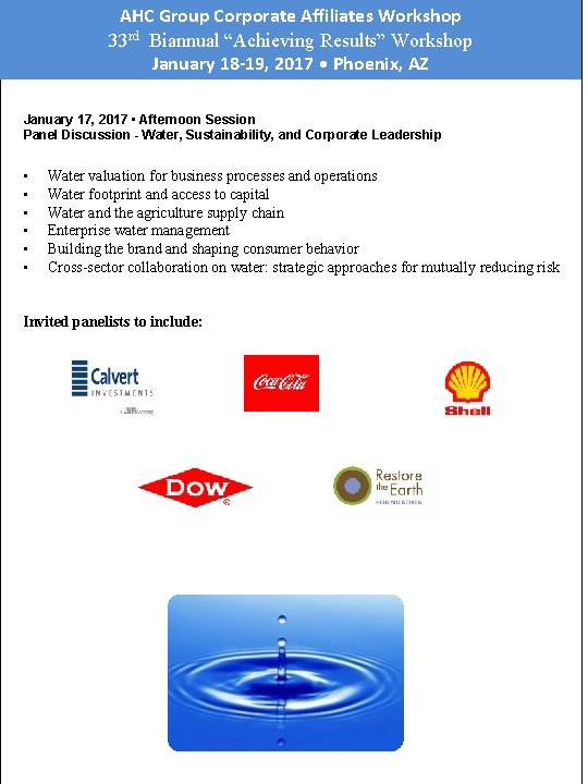 AHC Group Corporate Affiliates Workshop 33 rd Biannual “Achieving Results” Workshop January 18 -19,