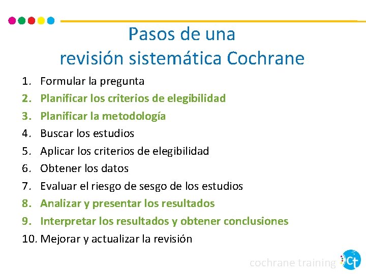 Pasos de una revisión sistemática Cochrane 1. Formular la pregunta 2. Planificar los criterios