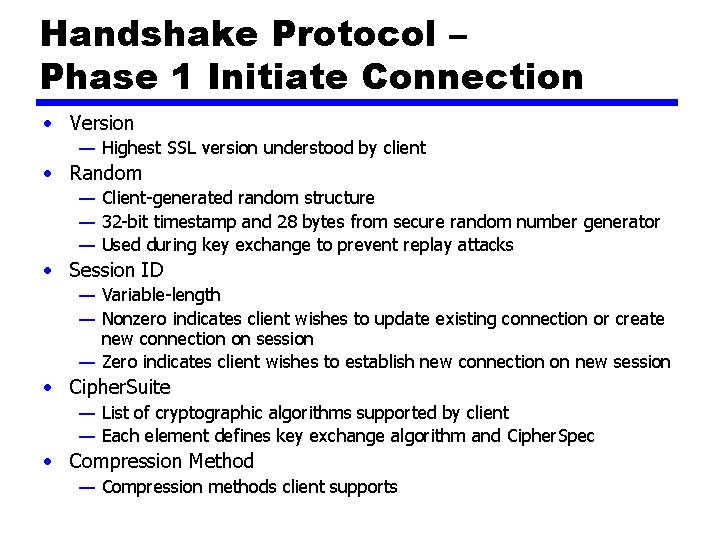 Handshake Protocol – Phase 1 Initiate Connection • Version — Highest SSL version understood
