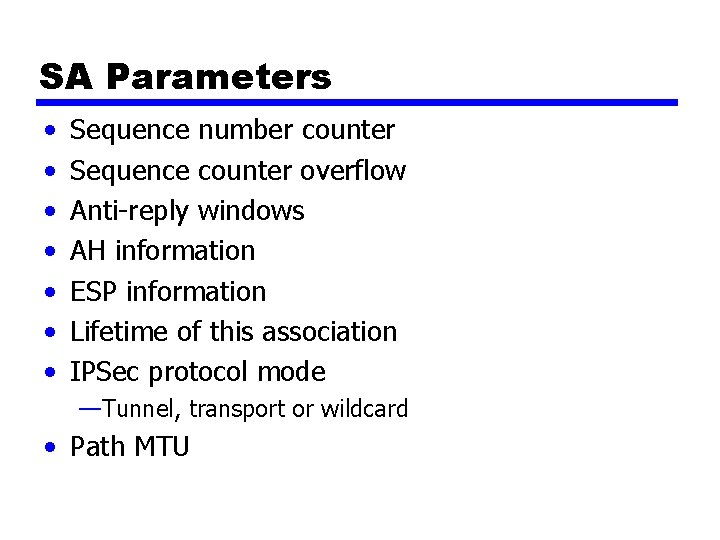 SA Parameters • • Sequence number counter Sequence counter overflow Anti-reply windows AH information