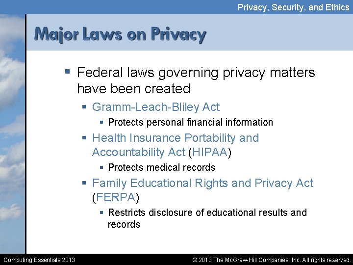 Privacy, Security, and Ethics § Federal laws governing privacy matters have been created §