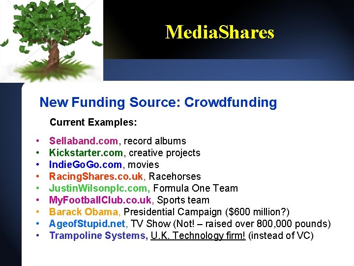 Media. Shares New Funding Source: Crowdfunding Current Examples: • • • Sellaband. com, record