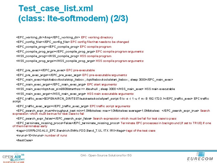 Test_case_list. xml (class: lte-softmodem) (2/3) <EPC_working_dir>/tmp</EPC_working_dir> EPC working directory <EPC_config_file></EPC_config_file> EPC config file that