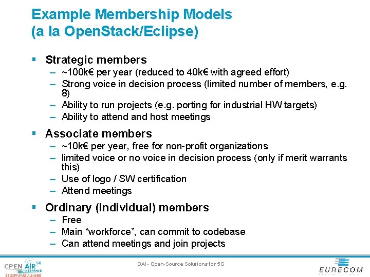 Example Membership Models (a la Open. Stack/Eclipse) § Strategic members – ~100 k€ per