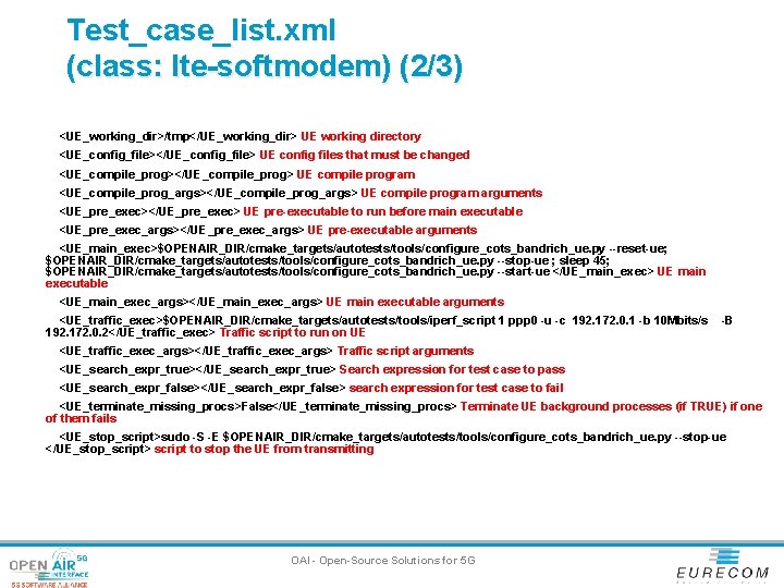 Test_case_list. xml (class: lte-softmodem) (2/3) <UE_working_dir>/tmp</UE_working_dir> UE working directory <UE_config_file></UE_config_file> UE config files that