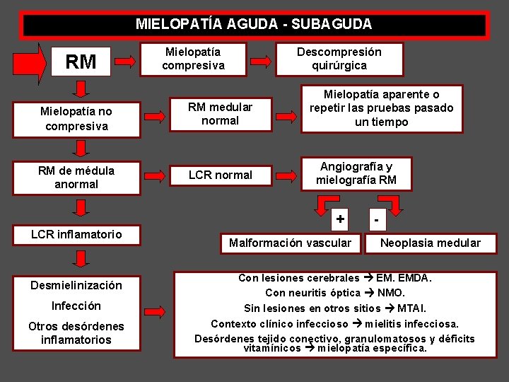 MIELOPATÍA AGUDA - SUBAGUDA RM Mielopatía compresiva Descompresión quirúrgica Mielopatía no compresiva RM medular